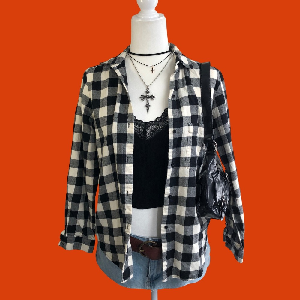 Zara Basic Black & White Buffalo Plaid Flannel Button-Down Shirt Womens Small